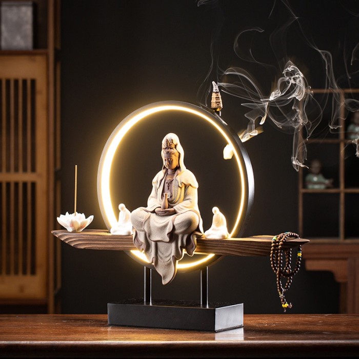 Zen Guanyin Patung Buddha Keramik Cahaya Cincin Dekorasi Rumah Ruang
