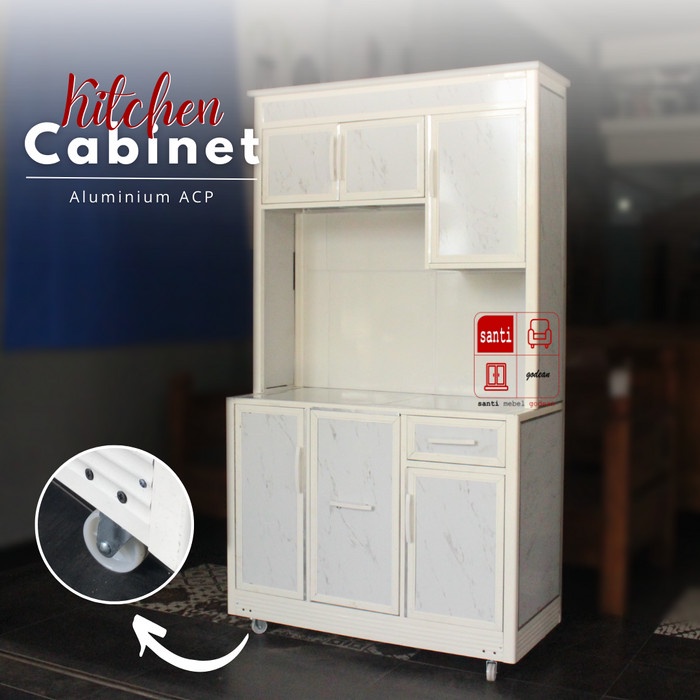 ```````] Kitchen set Lemari Dapur Rak Piring 3P Aluminium Putih Roda ACP