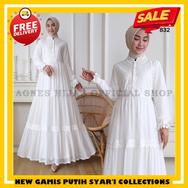 Gamis Malaysia Ceruti Motif Terbaru Pekanbaru | Gamis Putih | Gamis Lebaran 2023 Agnes Hijab - Nadin