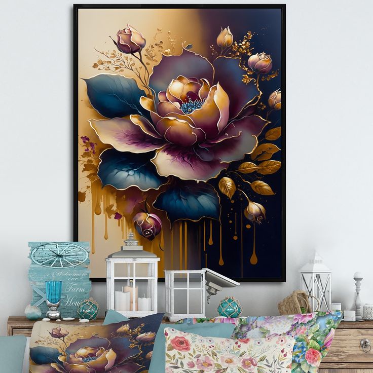Lukisan Bunga Mawar Merah Metallic Teksture Modern art
