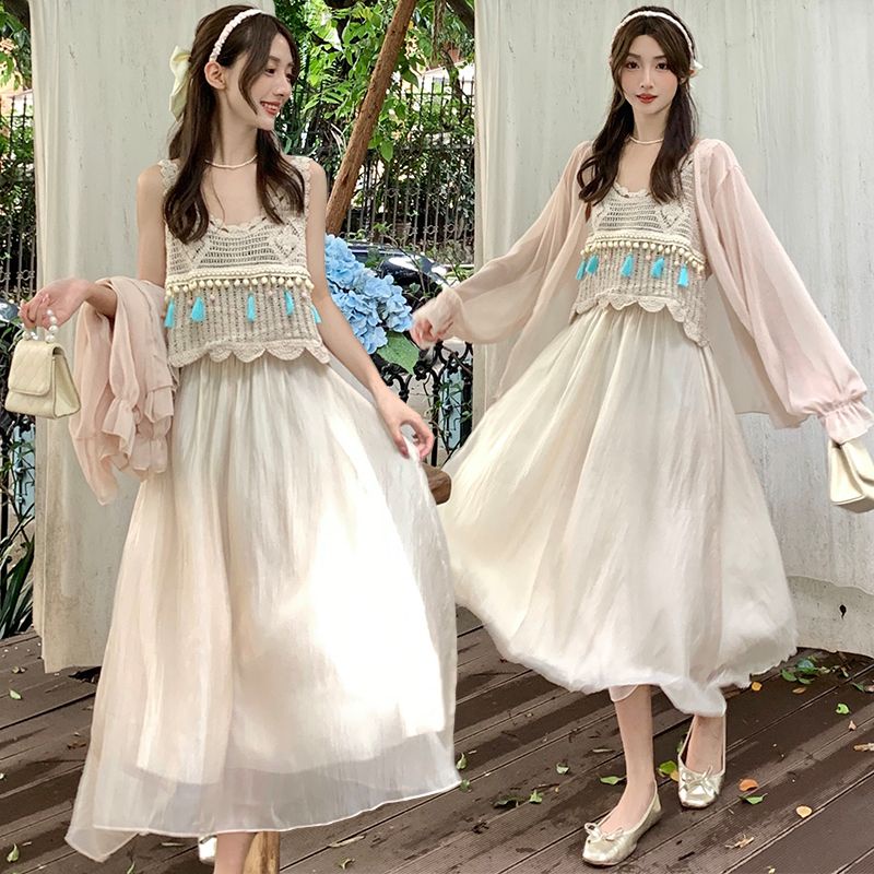 Wanita2024Rompi Rajutan Berongga Rumbai+Pakaian Pelindung Matahari+Setelan Tiga Potong Rok