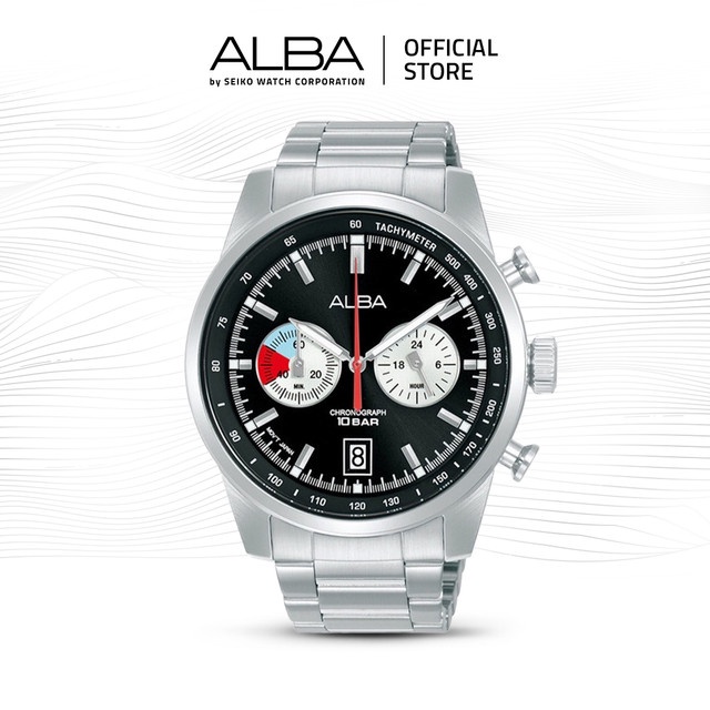 Alba Signa Jam Tangan Pria Chronograpth A4B001 / A4B001X1 Quartz Black White Dial Strainless Steel S