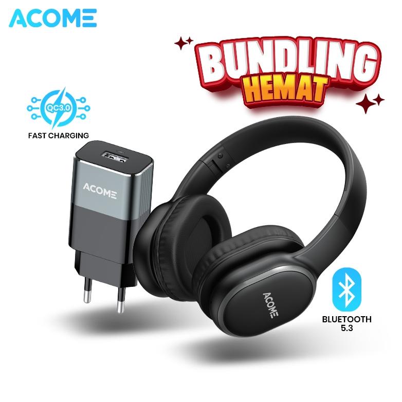 NEW! ACOME  Bundling Headphone Tune H2 Bluetooth 5.3 + Charger AC01 3a Fast Charging Original - Gara