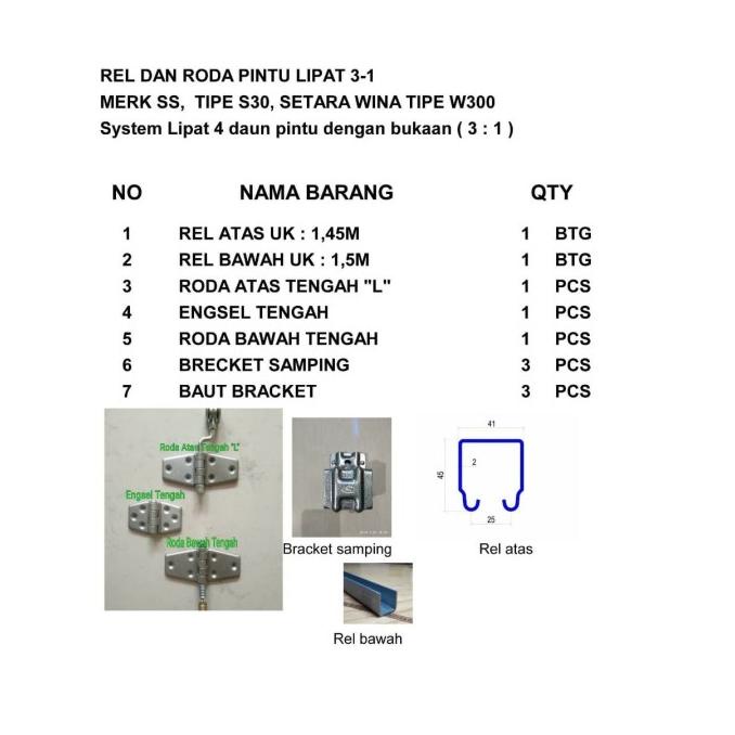 Rel Dan Roda Pintu Lipat 3:1 Merk Ss Tipe S30 Setara Wina W300
