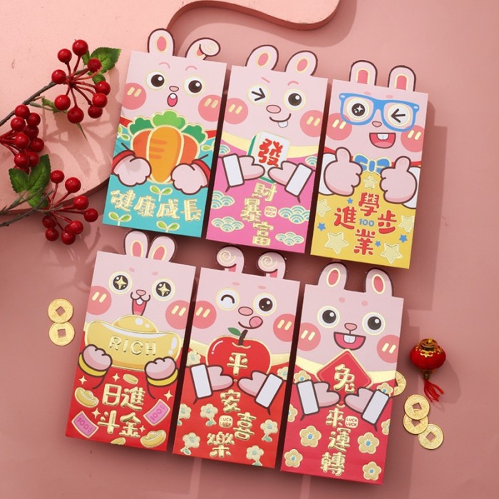 

New! 6 Pcs Amplop Angpao Tahun Baru Cina / Imlek Motif Kelinci Warna Merah Limited