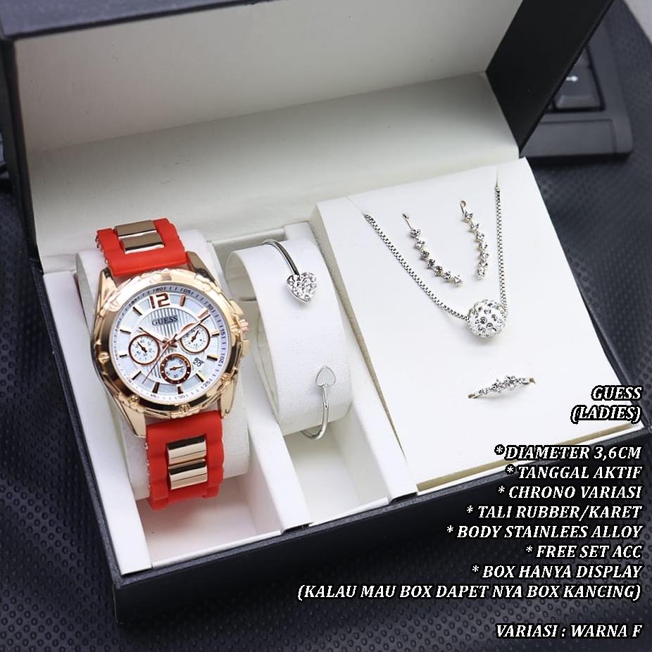 Gratis Ongkir (Bisa Cod) Jam Tangan Wanita Guess Tali Rubber Body Bulat Stainlees Tanggal Aktif Free