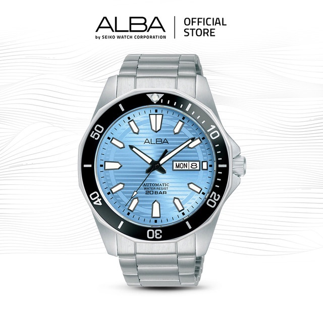 Alba Mechanical Jam Tangan Pria AL4459 / AL4459X1 Automatic Ice Blue Dial Stainless Steel Strap Watc