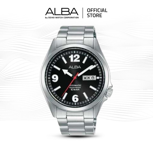 Alba Mechanical Jam Tangan Pria AL4405 / AL4405X1 Automatic Black Dial Stainless Steel Strap Watch