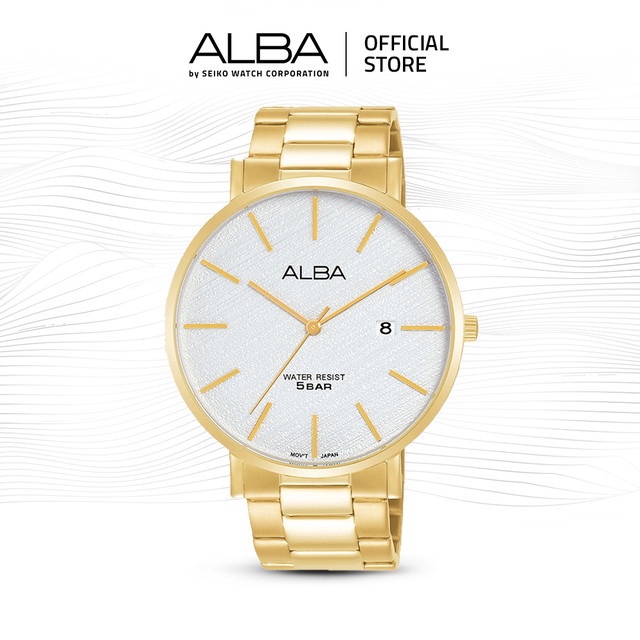 Alba Jam Tangan Pria AS9K08 / AS9K08X1 Quartz White Pattern Dial Gold Stainless Steel Strap Watch