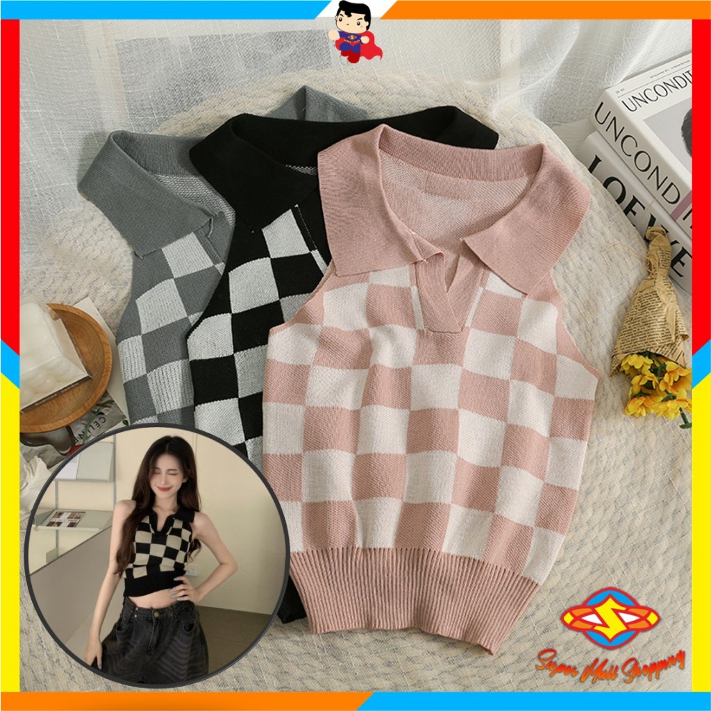 SMS Baju Crop Wanita Korean Diamond Kode 6859  Plaid Knit Vest Crop Top Rompi Rajut Korea V Neck Bah