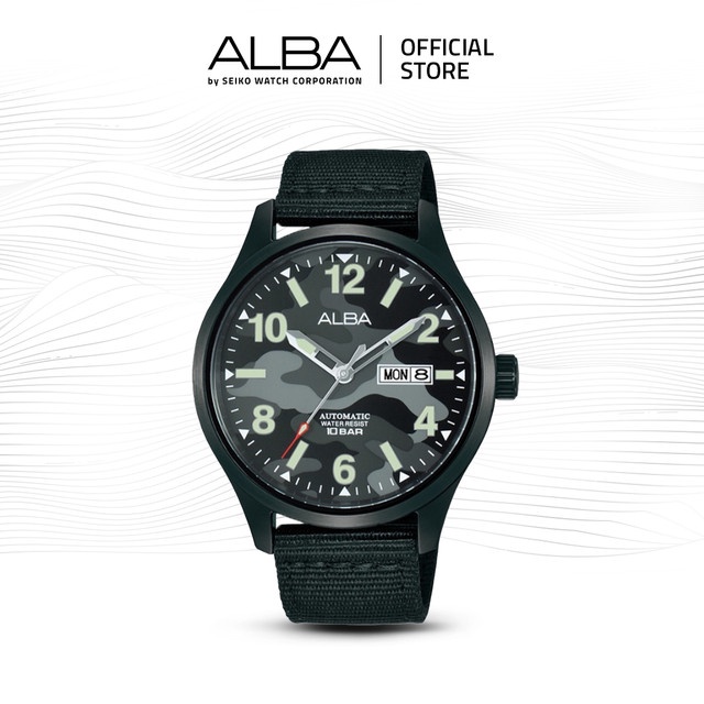Alba Mechanical Jam Tangan Pria AL4311 / AL4311X1 Automatic Grey Army Camouflage Dial Black Nylon St