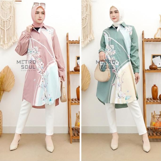Metrosoul Tunik Sakura Kemeja Pink Hijau Sage Print Bunga Katun Impor Premium Berkualitas