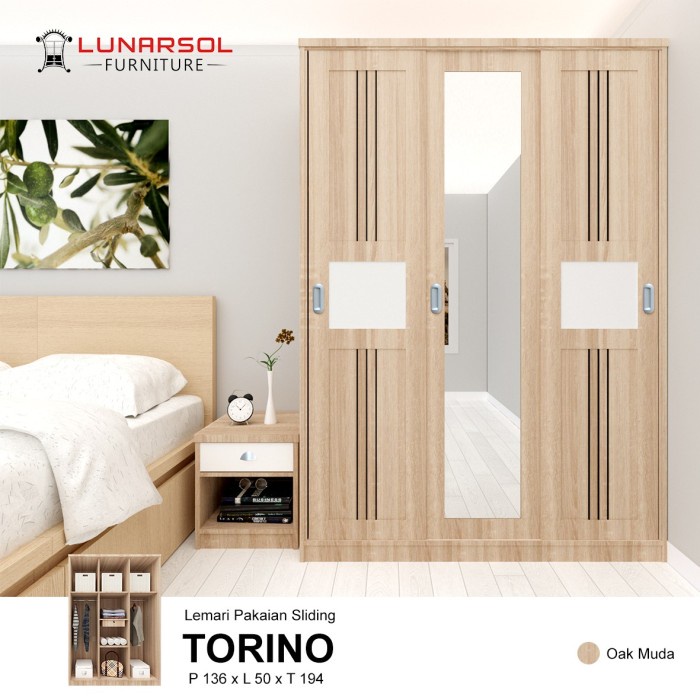LEMARI PAKAIAN LEMARI BAJU SLIDING DOOR MINIMALIS 3 PINTU TORINO LUNAR