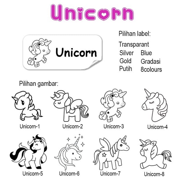 

TERLARIS Unicorn MEDIUM label nama waterproof Name stickers clipart polos anak2