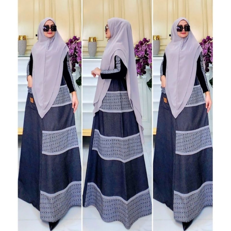 [SYAR'I TILL JANNAH] DRESS CANTIK EFFONI UKURAN ALLSIZE BAHAN JERSEY MIX JEANS WASHED DAN EX GARMENT