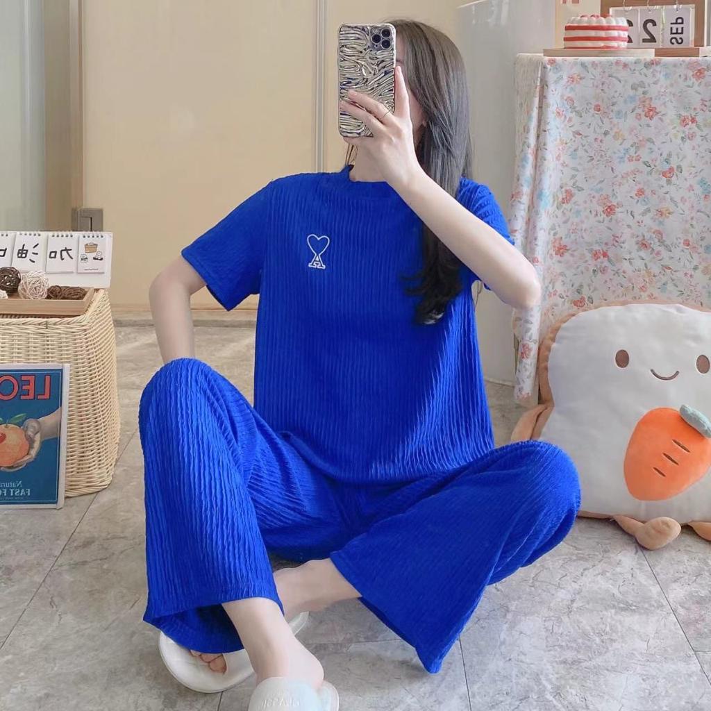 One Set Piyama Lengan Pendek Polos Biru