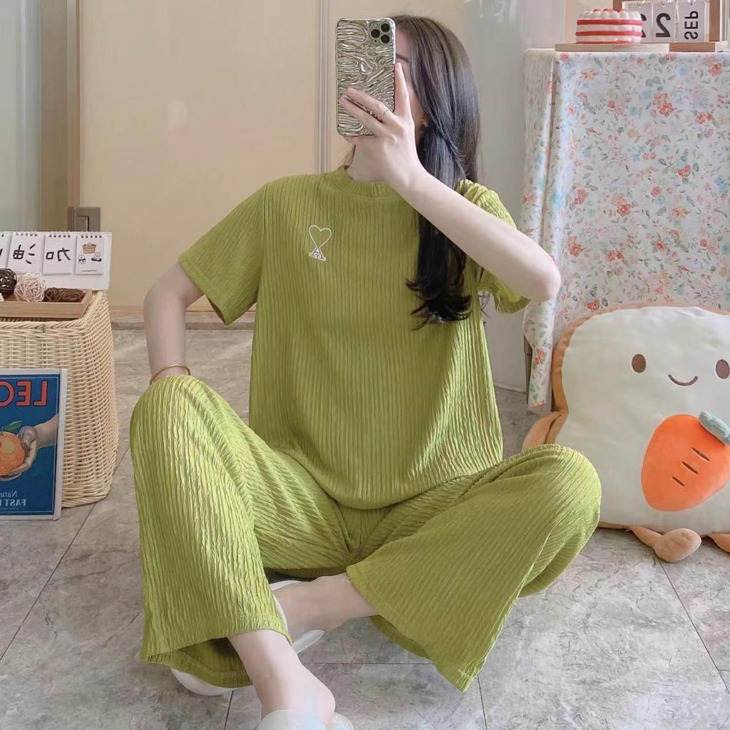 One Set Piyama Lengan Pendek Polos warna Lime