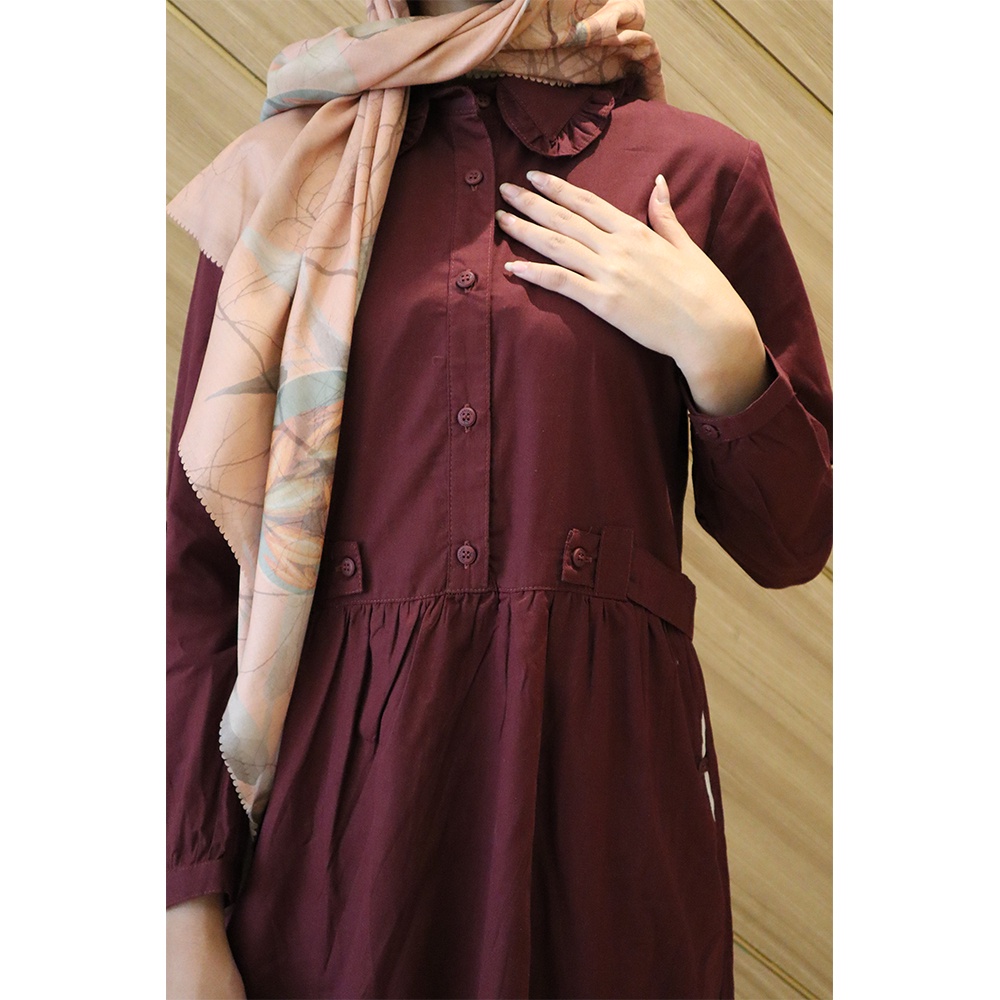 [SYAR'I TILL JANNAH] Gamis Dress Missty Wanita Lebaran Warna Maroon Putih One Set Motif Salur