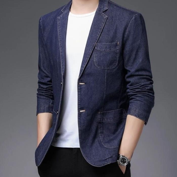 BISA COD - BLAZER PRIA LAKI DENIM JEANS OUTER POLOS CASUAL SANTAI SLIM FIT MODEL