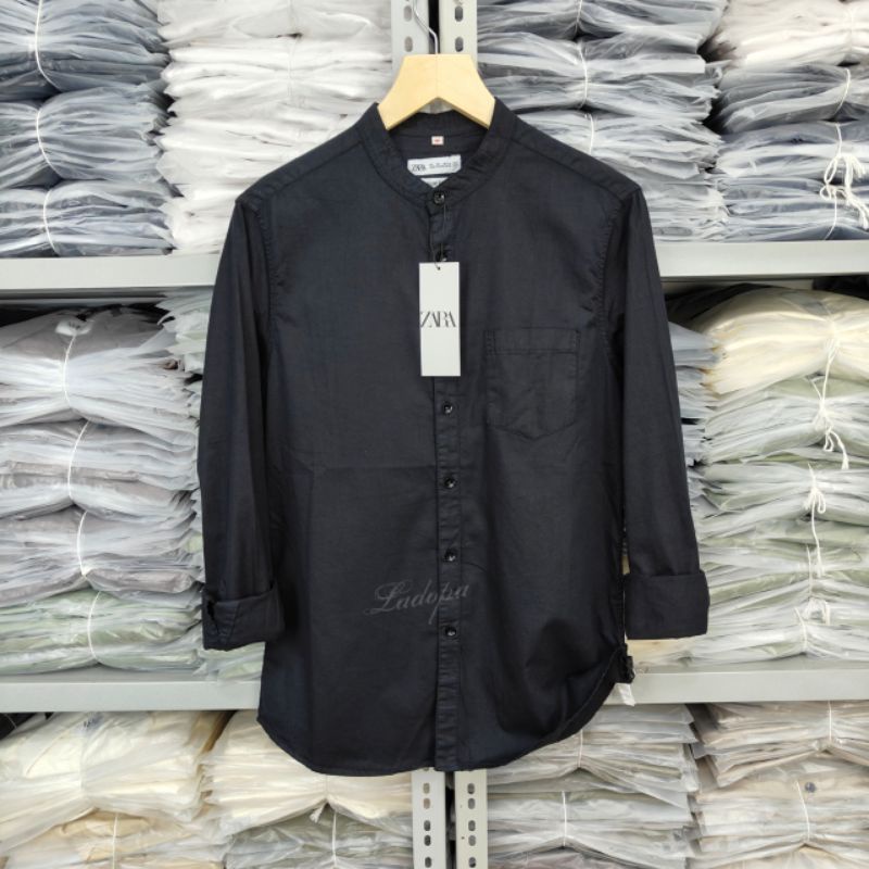 Kemeja Panjang ZARA Kerah Shanghai Kemeja Polos Pria Lengan Panjang Kemeja Pria Hitam Kerah Shanghai