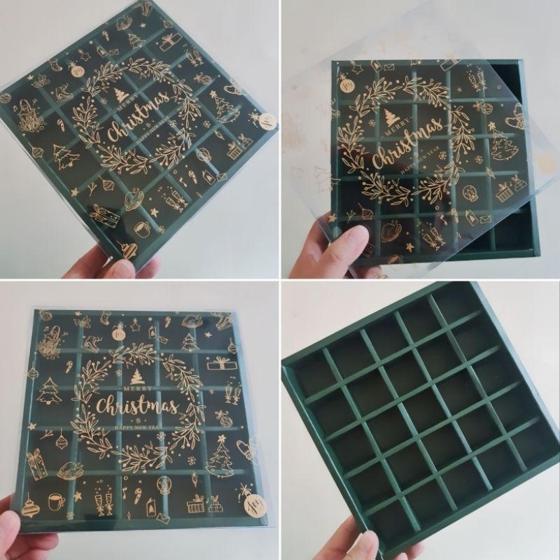 

5 pcs dus box nastar mika motif natal II hijau sekat 25 size 3.5 cm