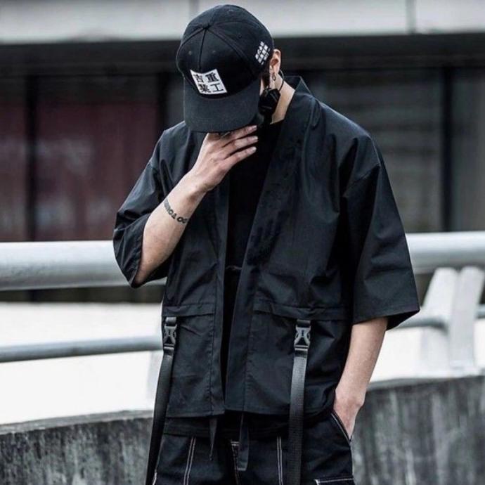 KEYNZEE Techwear Kimono Hitam Pria Jepang Tactical Cyberpunk Style