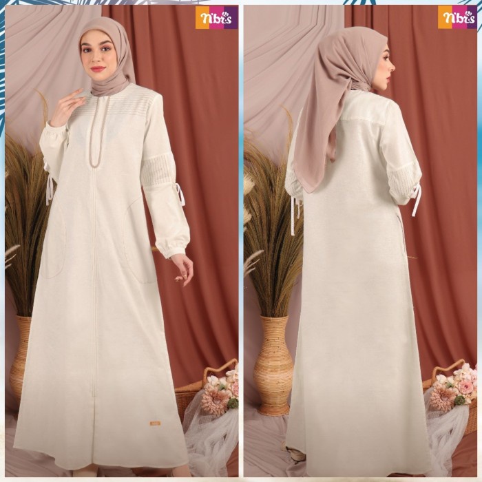 Gamis Nibras DANICA Warna Putih Tulang Broken White Bahan Katun Linen