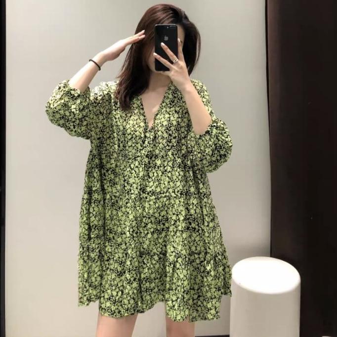 7091 NERLO Loose Mini Dress Import/Beach Dress Wanita V Neck Longgar