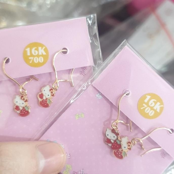 READY STOCK ANTING ANAK HELLO KITTY PINK EMAS ASLI 700 70% 16K UBS 