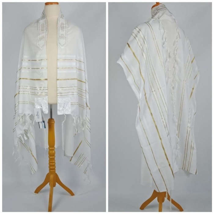 Selendang Doa WHITE-GOLD ACRYLIC Tallit Gadol by Israel (Kosher) M