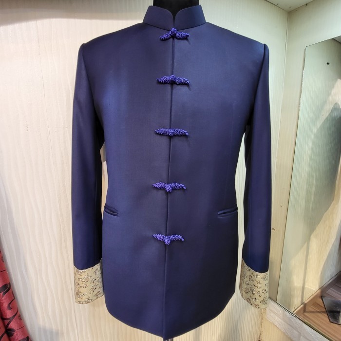 ✅New Cheongsam Pria / Sanjit / Qipao Navy Doff List Gold Motif Diskon