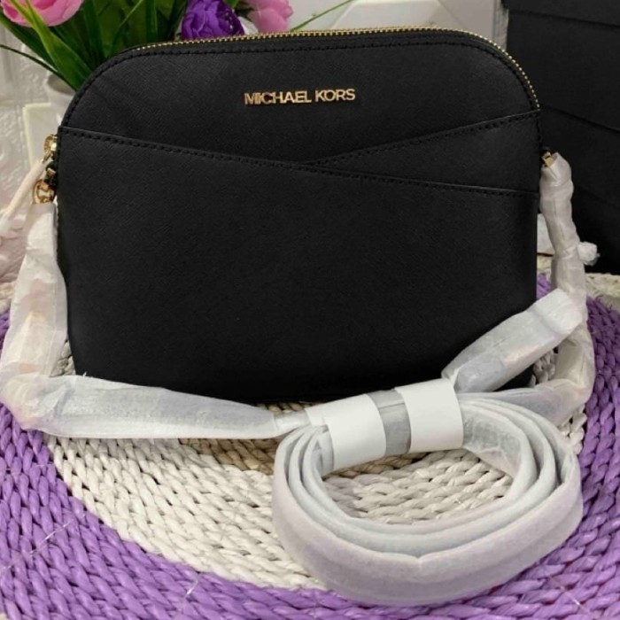 ✅New Tas Original Mk Jet Set Travel Medium Dome Xcross Xbody Leather Black Terbatas