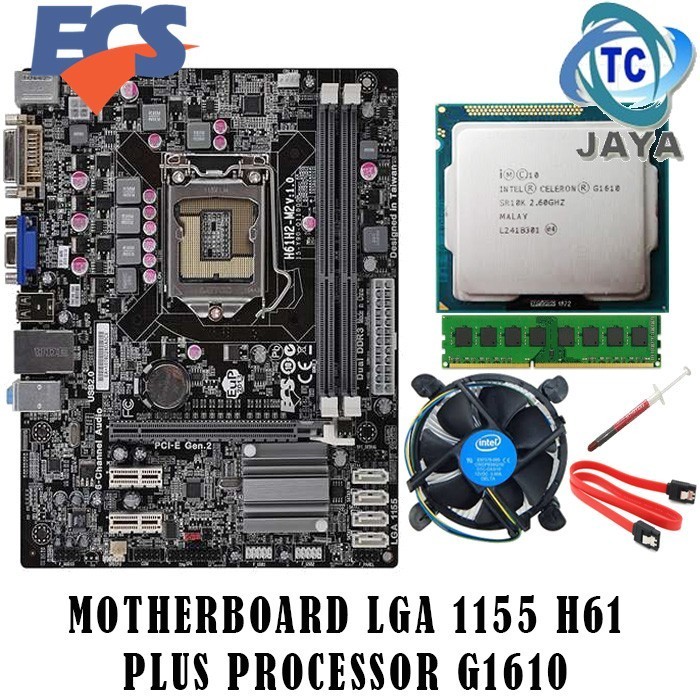 Mobo Intel LGA 1155 H61 ECS Plus Processor G1610 + RAM 2GB