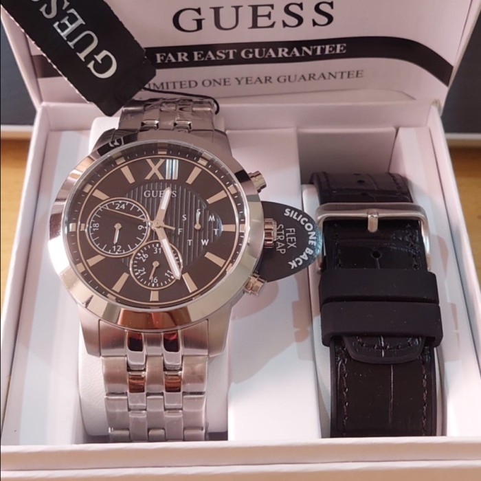 ✅New Ori Jam Tangan Pria Guess Gw0296G2 Silver Steel And Leather Original Baru Terbaru