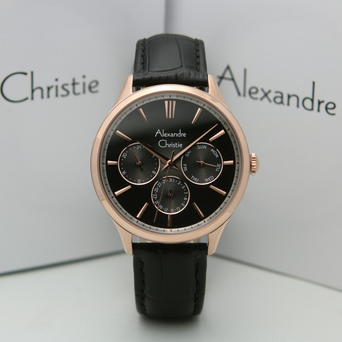 ✅New Jam Tangan Pria Alexandre Christie 6569 Ac6569 Rosegold Black Leather Terbatas
