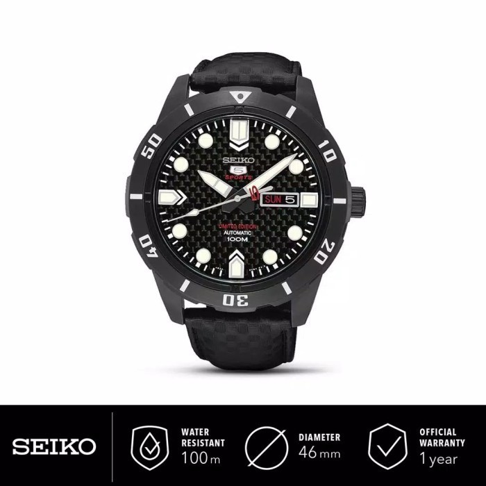 ✅New Ori Seiko 5 Sport Limited Edition Man Black Dial Leather Strap Terbaru