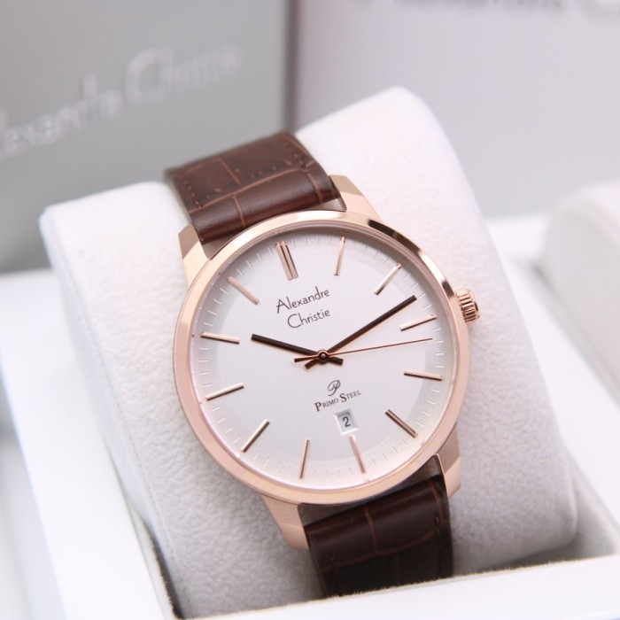 ✅Ori Jam Tangan Alexandre Christie Pria Ac 1030 Kulit - Brown Rosegold Berkualitas