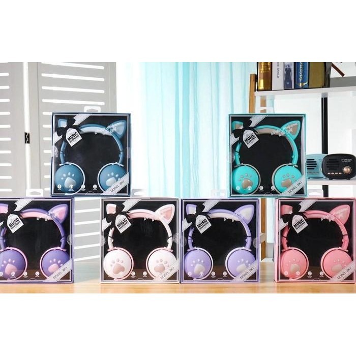 NEW HEADSET BLUETOOTH ANAK KUCING LUCU HEADPHONE KUCING UNTUK BELAJAR PINK