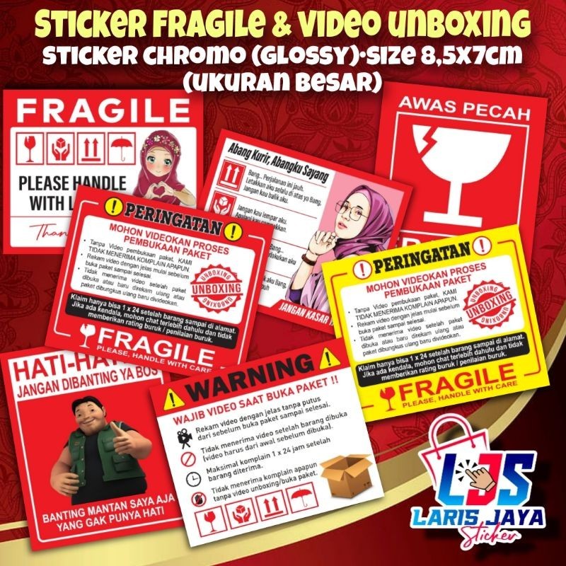 (100 pcs) Stiker Fragile & video unboxing ukuran besar 8,5x7 cm
