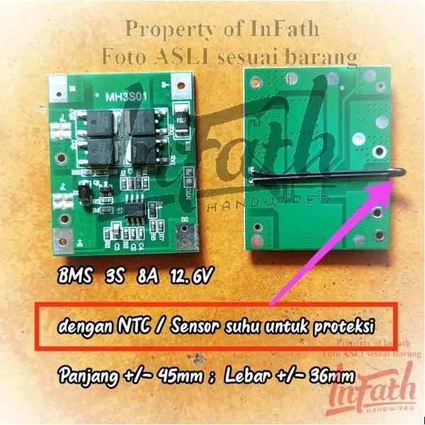Part InFath - BMS 3S 8A dengan NTC untuk proteksi suhu 12.6V power tool bor