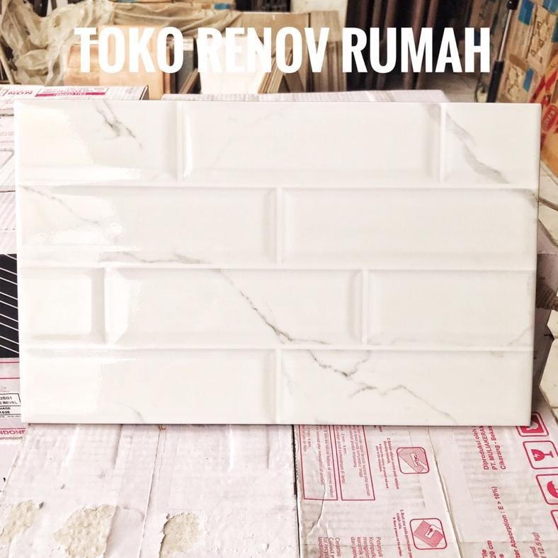 Promo keramik dinding 25x40 bata putih motif carara (glossy-timbul)/ keramik dinding kamar mandi/ keramik dinding dapur/ keramik dinding putih motif/ keramik bevel
