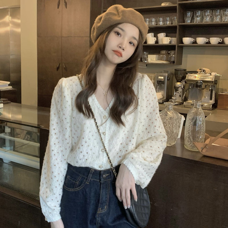 Blus Lengan Panjang Kerah V untuk Wanita, Atasan Kerawang Ibu Wanita