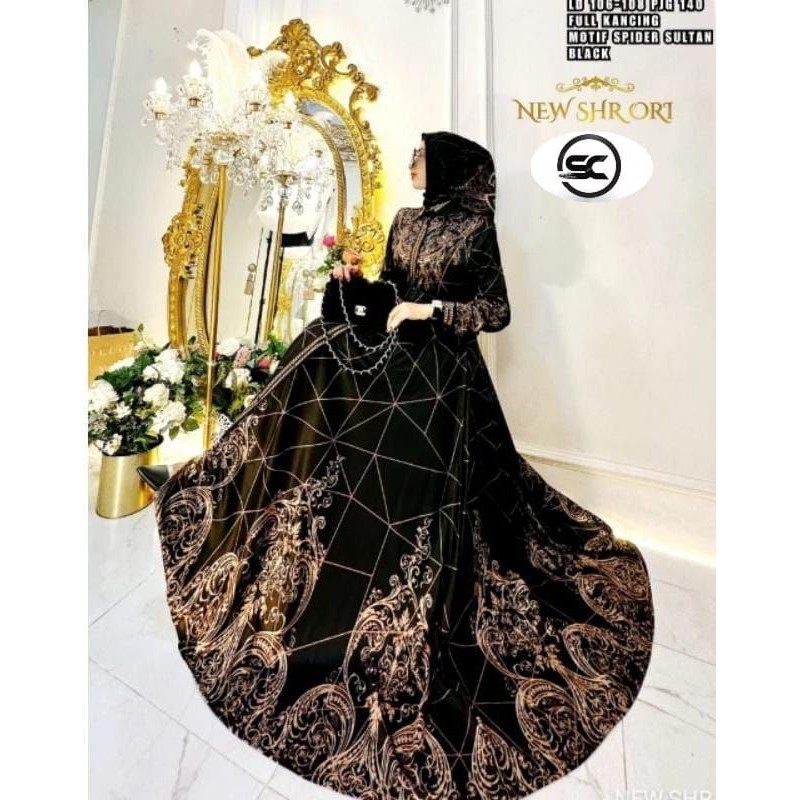 Ready Gamis New SHR ORI full kancing TerrrrneWW model Bahan Scuba import Motif Spider Sultan Black