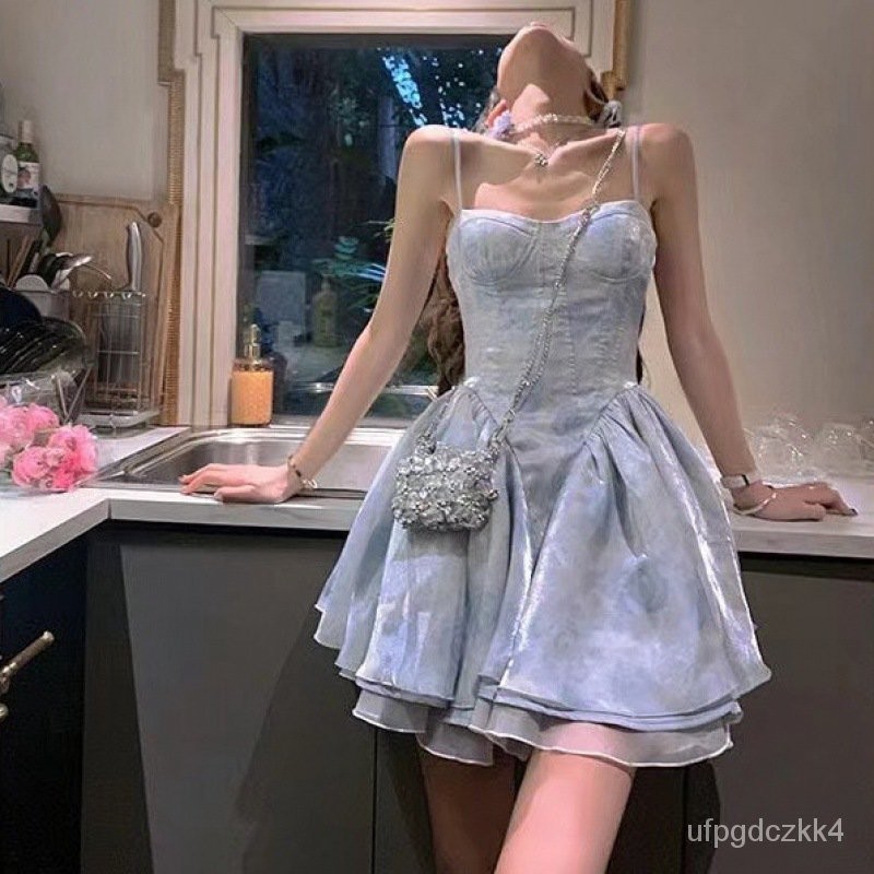 Barbie Aunt Fishbone Suspender Dress Women's Summer Dopamine Wear Tube Top Tie-Dyed Puff Sleeve Prin