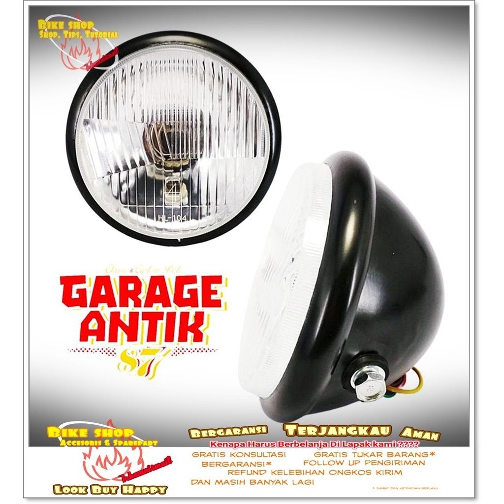 Lampu Depan Pesek Datar Jute Headlamp CB Batok Polos Crhome kaca Putih motor clasik vintage