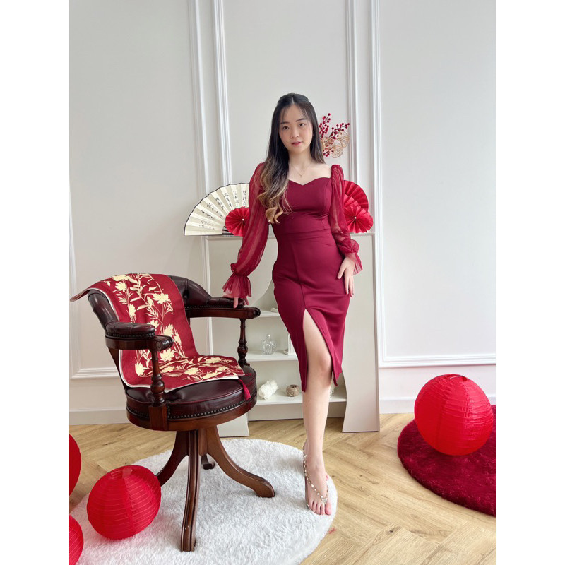 Dress Imlek Dewasa Wanita 2024 Perempuan Cina Ceongsam Couple Sexy Bordir Merah Midi Natal Mididress