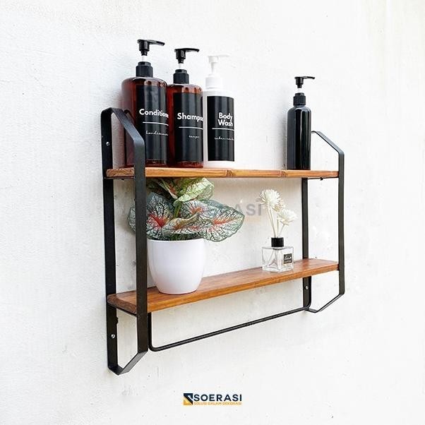 FELI Rak Dinding Gantungan Ambalan Kayu Penyimpanan Kamar Mandi Toilet