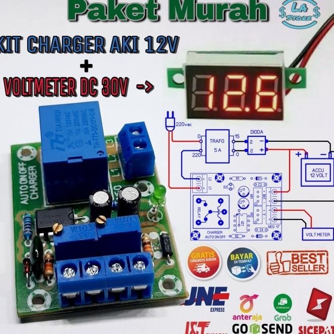 Kit charger aki auto On Off 12v + Digital voltmeter mini tanpa frame