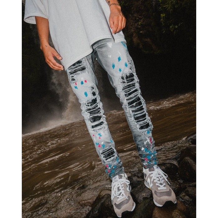 NEW LAUNCHING TERMURAH CELANA JEANS H1 leather patch - Splatter cloud grey - Celana Jeans