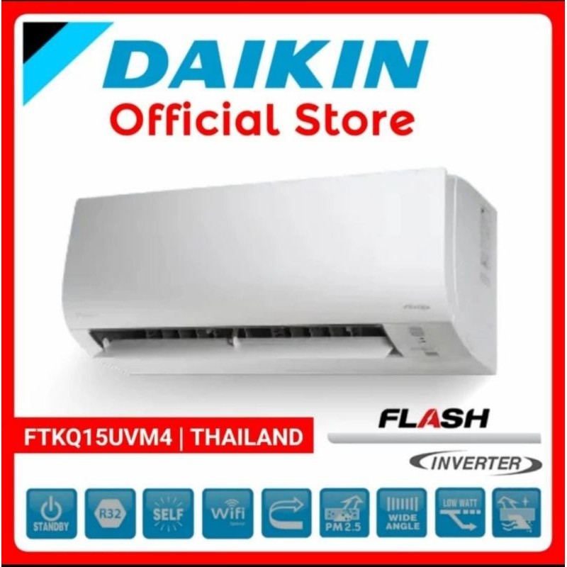 AC DAIKIN 1/2pk FTKQ 15+pasang instalasi FLASH INVERTER THAILAND 1/2pk